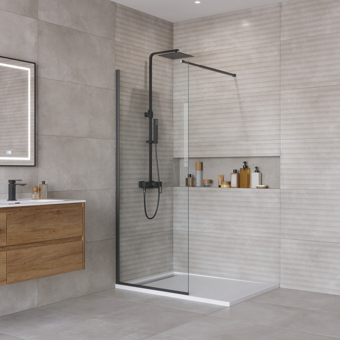 Душевая перегородка BELBAGNO KRAFT-L-1-800-C-NERO с односторонним входом, стекло прозрачное, профиль чёрный, 800x1950 мм KRAFT-L-1-80-C-NERO
